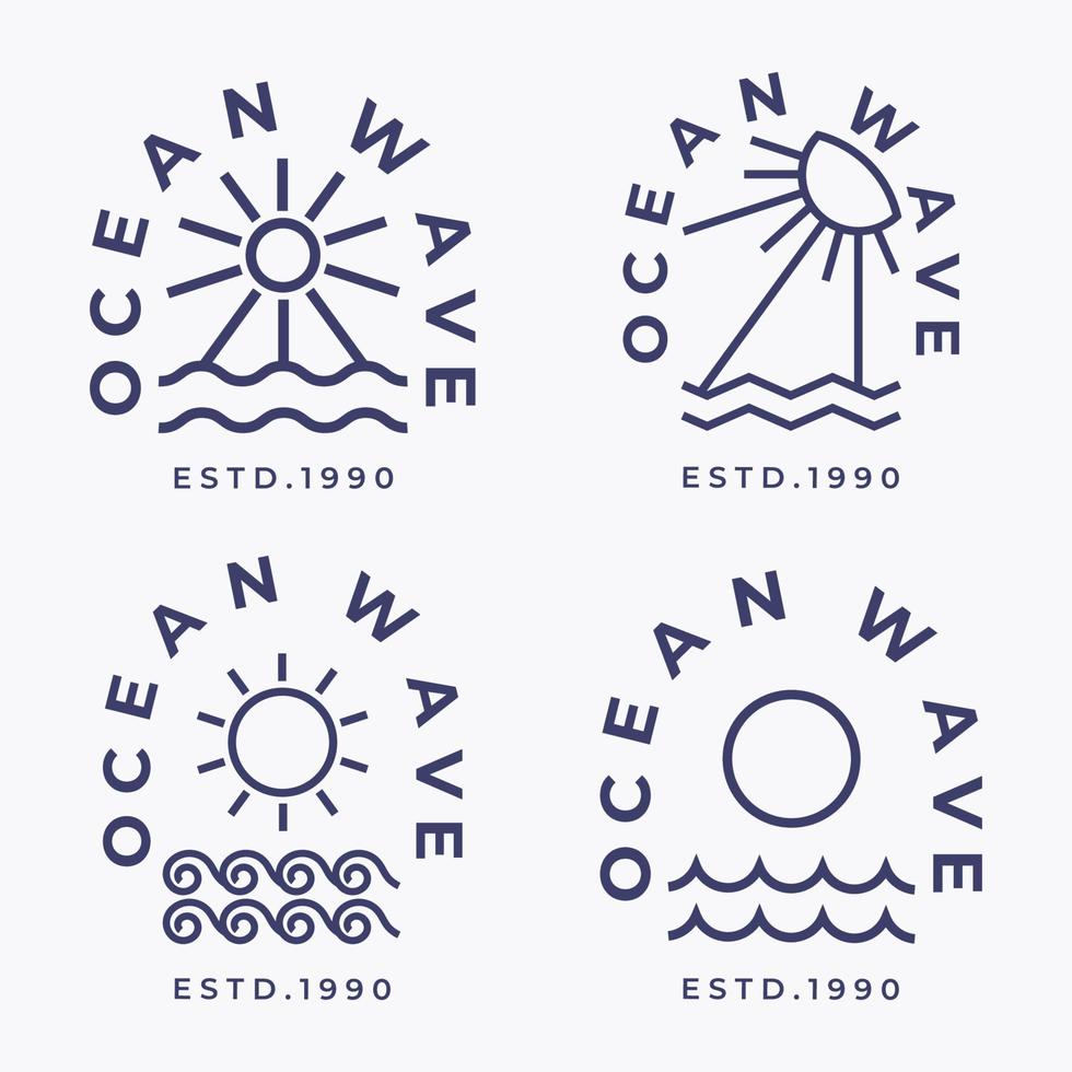 conjunto de océano sol ola logo icono línea arte diseño ilustración vector