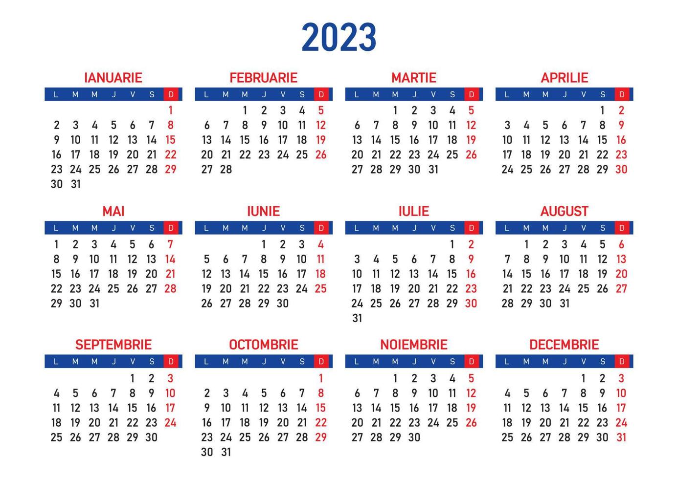 Calendar 2023 in romanian language vector