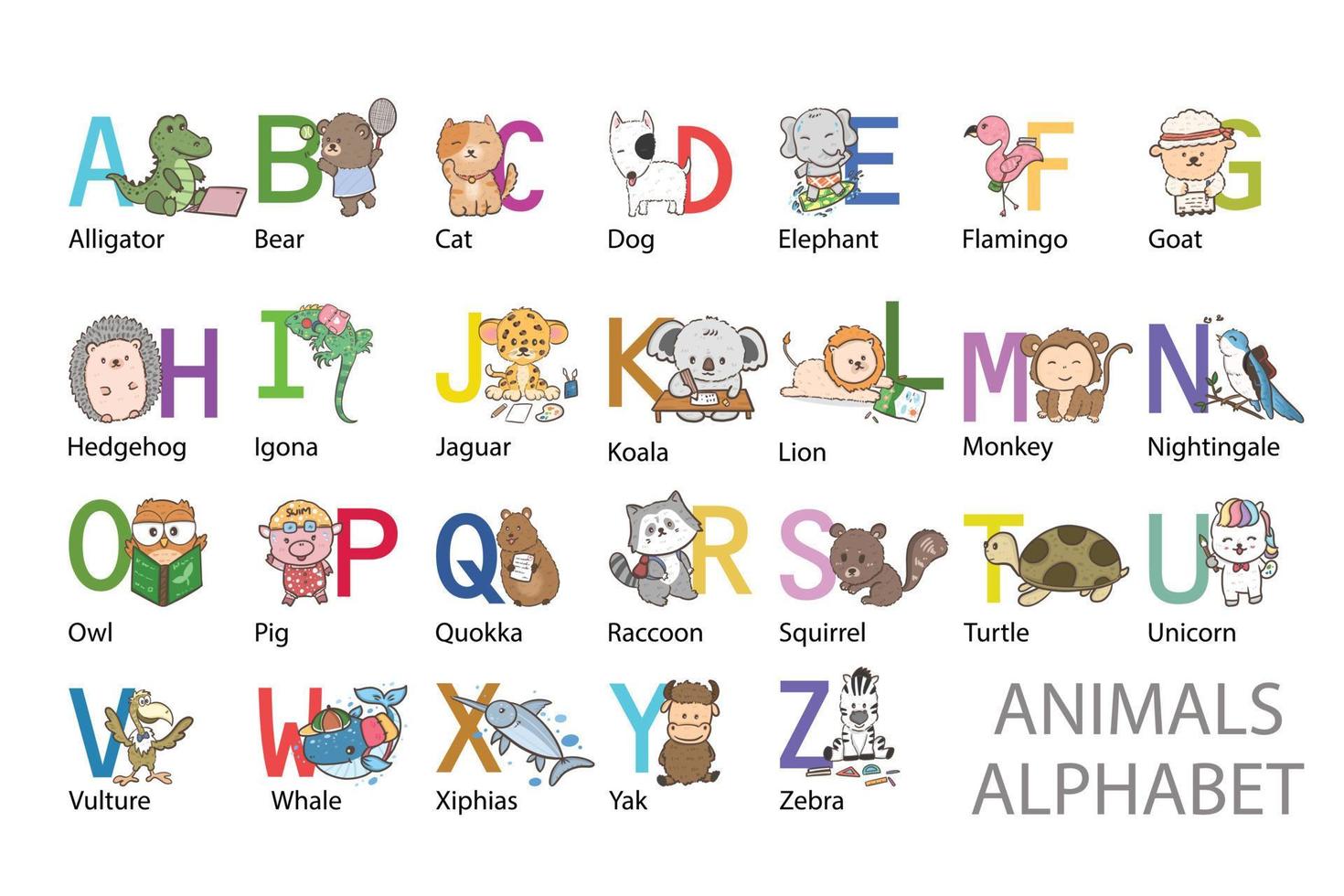 A-Z letter with animals, English alphabet poster 8033042 Vector Art at  Vecteezy