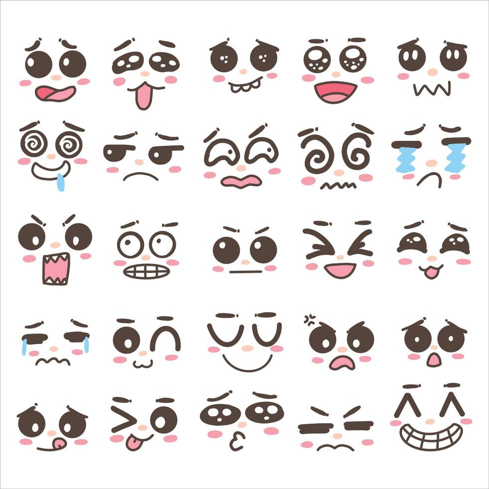 colección de expresión facial, caras de dibujos animados. ojos y boca expresivos, expresiones faciales sonrientes, llorando y sorprendidas vector