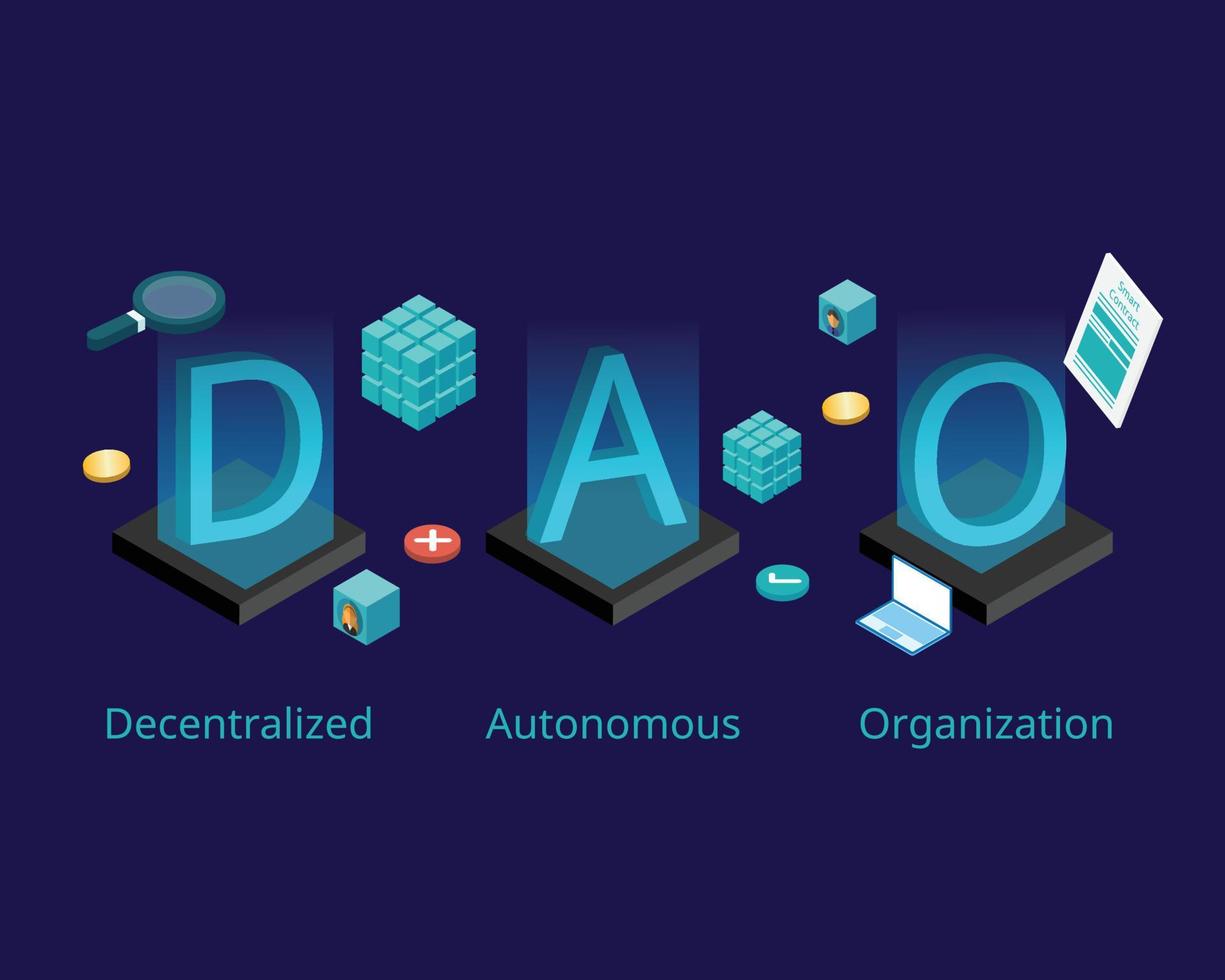 DAO or Decentralized Autonomous Organization with smart contract to control leadership by code and blockchain vector