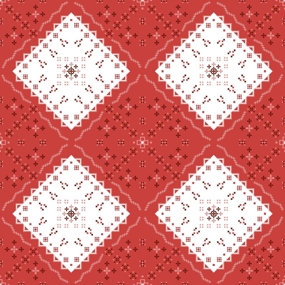 red ethnic pattern with pixel and geometric seamless square in for fabric pattern vector