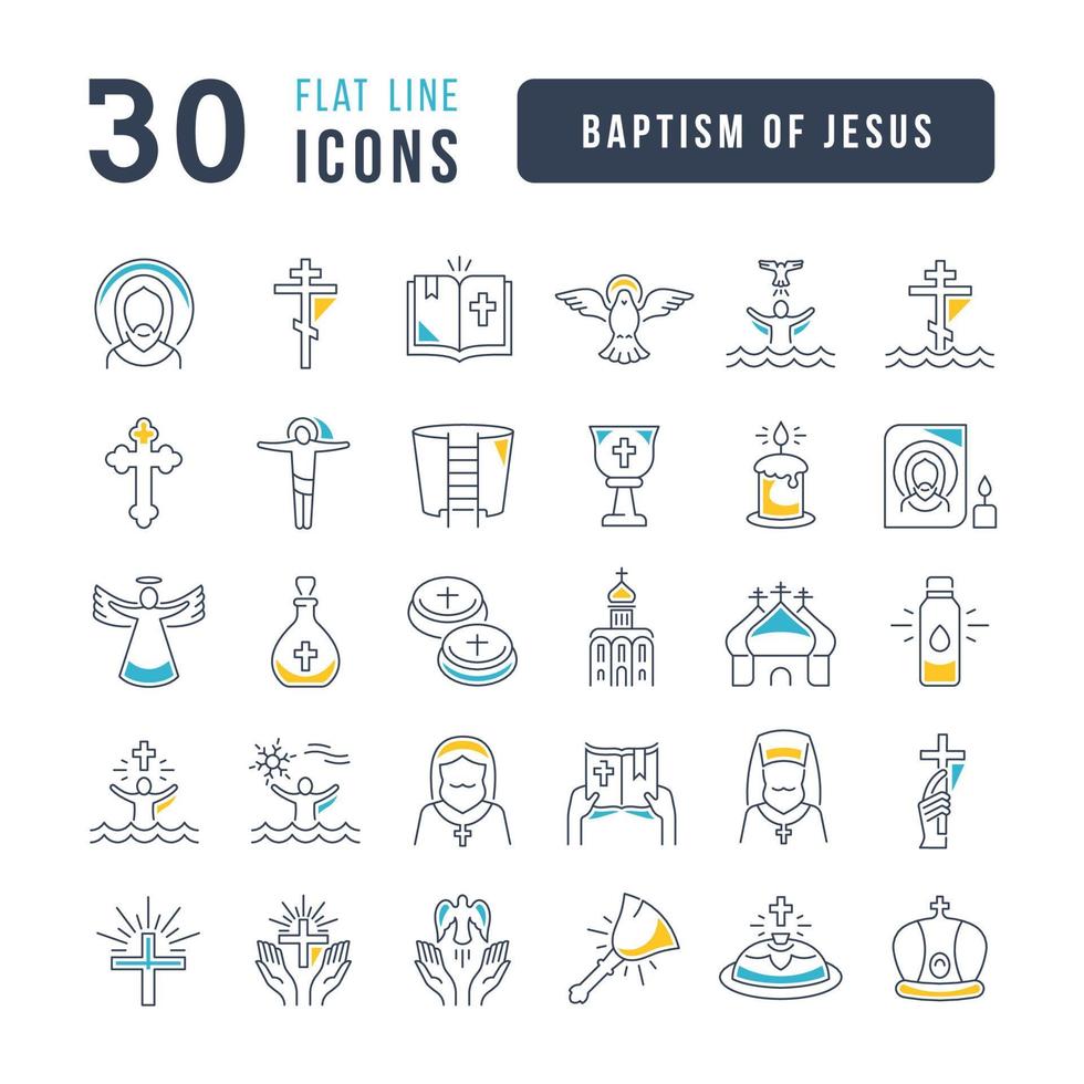 Set of linear icons of Baptism of Jesus vector