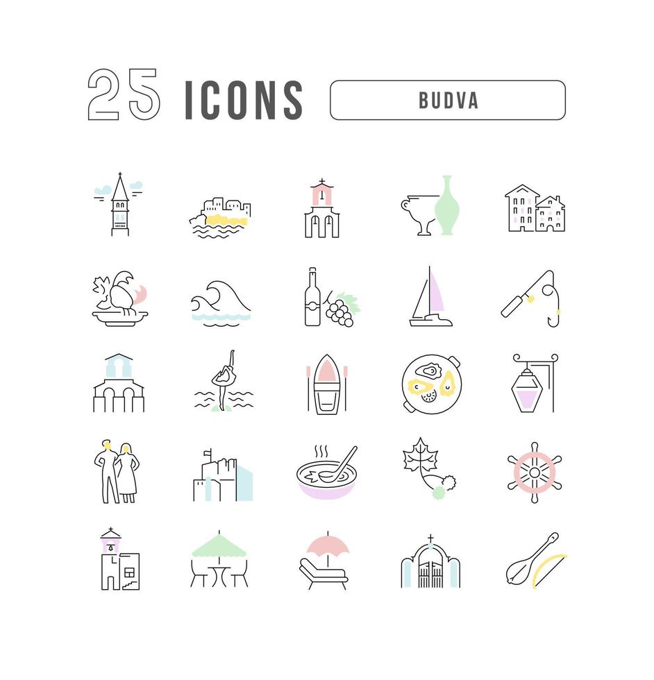 Set of linear icons of Budva vector
