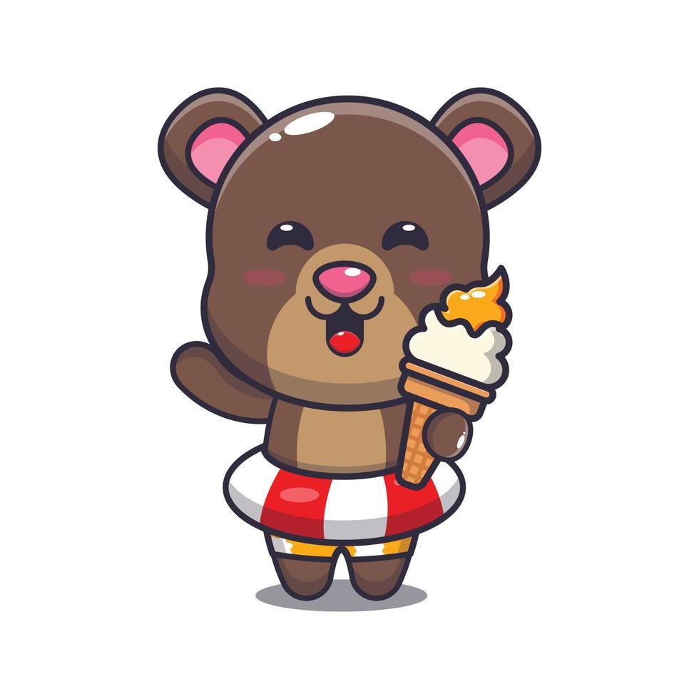 lindo personaje de mascota de dibujos animados de oso con helado en la playa vector