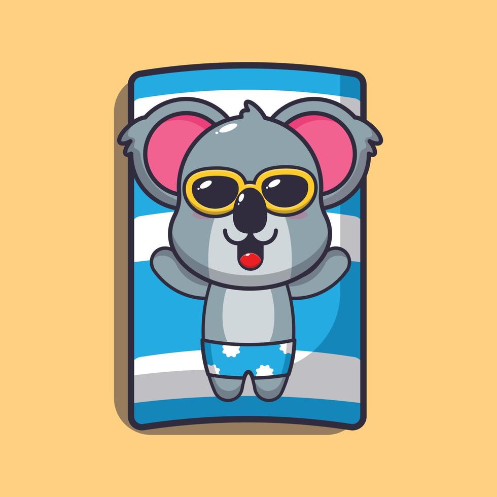 lindo personaje de mascota de dibujos animados de koala en gafas de sol dormir en la playa vector