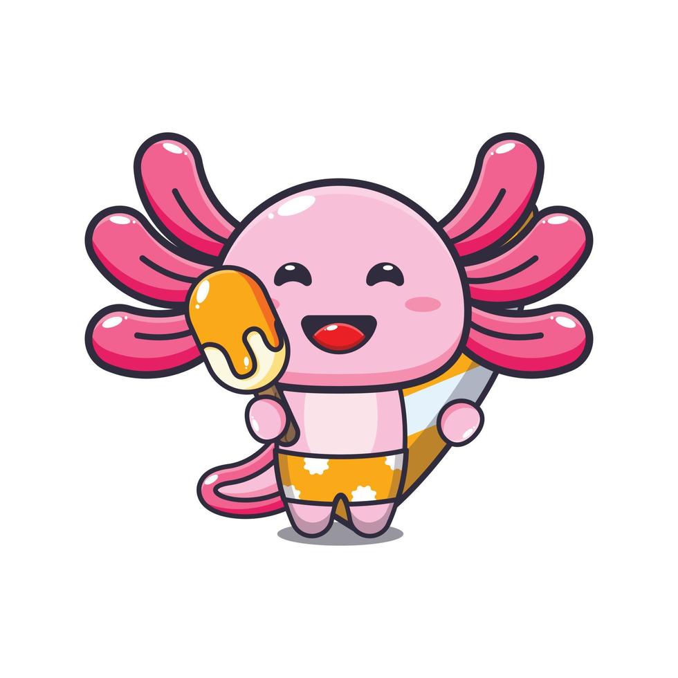 Cute axolotl cartoon mascot character with surfboard holding ice vector