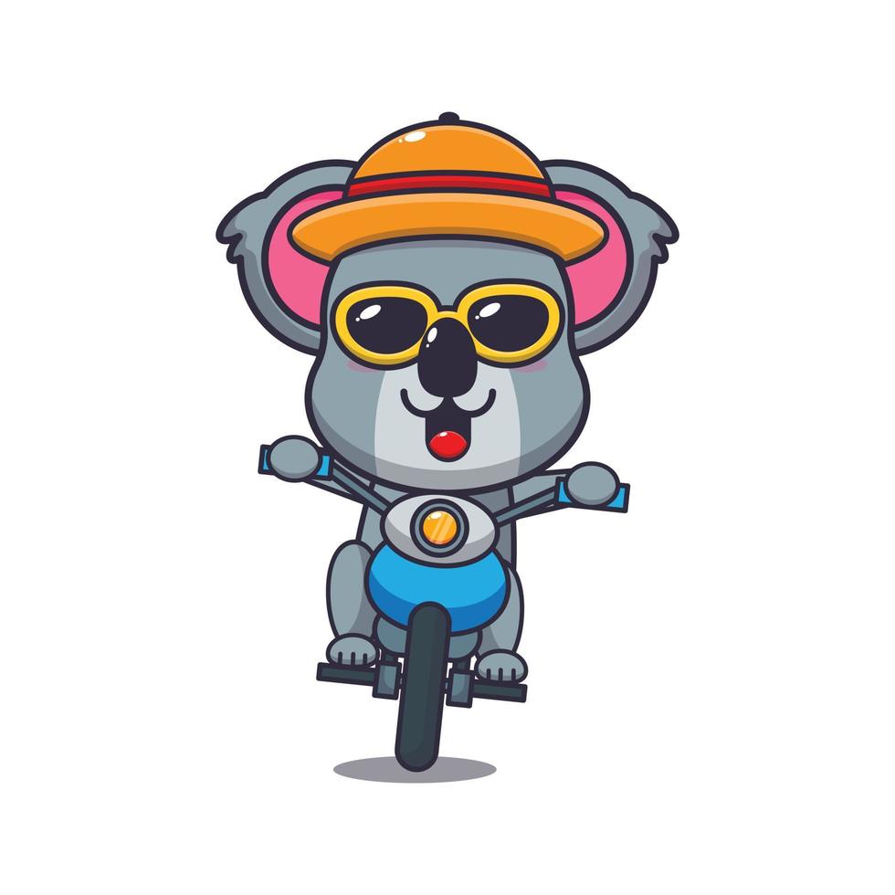 fresco personaje de mascota de dibujos animados de koala en gafas de sol andar en motocicleta en el día de verano vector