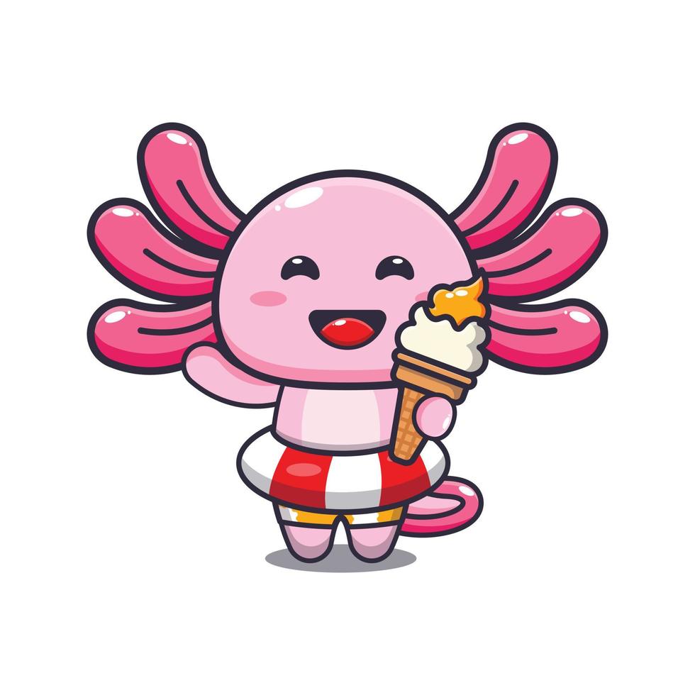 lindo personaje de mascota de dibujos animados axolotl con helado en la playa vector