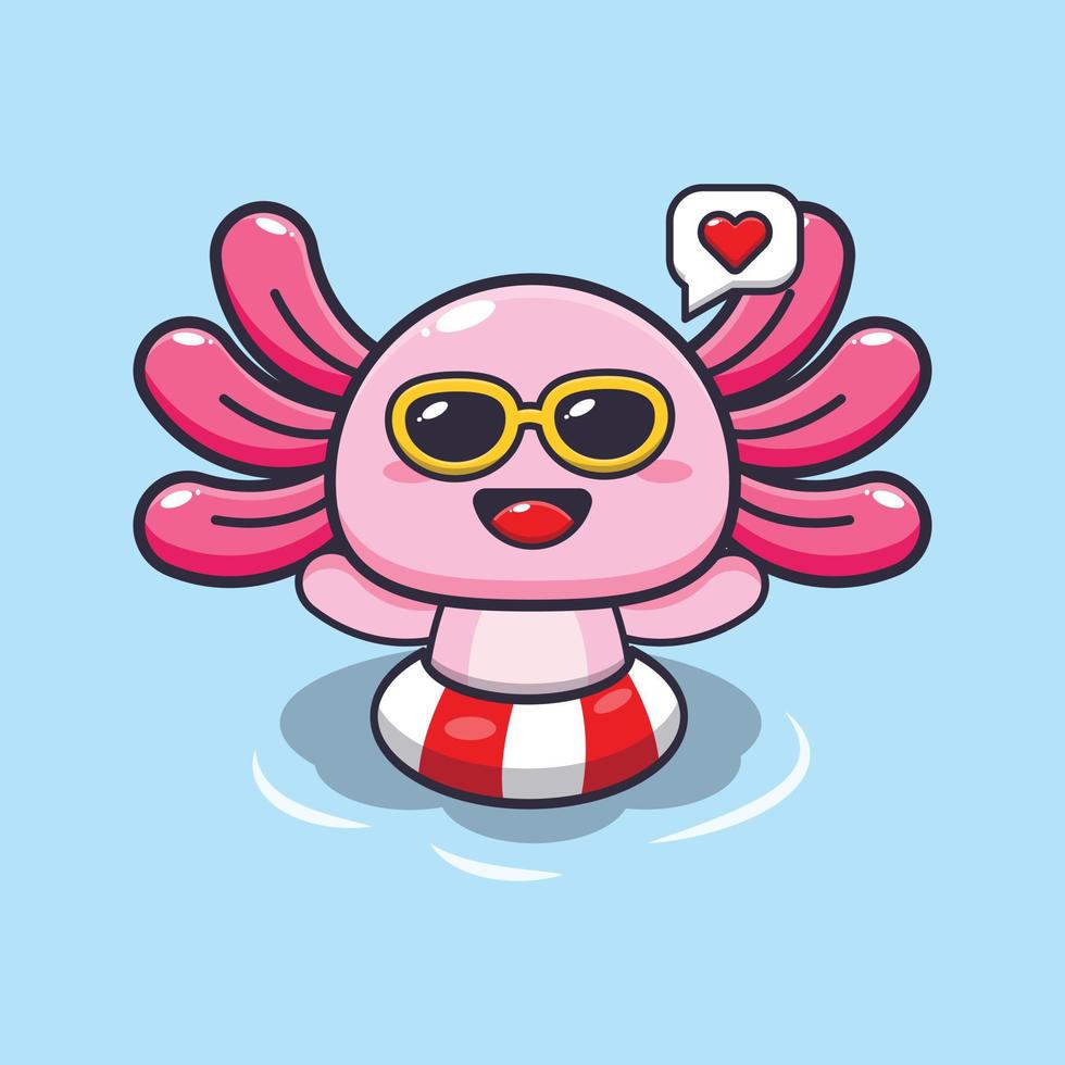 Cute axolotl cartoon mascot character swimming on pool vector
