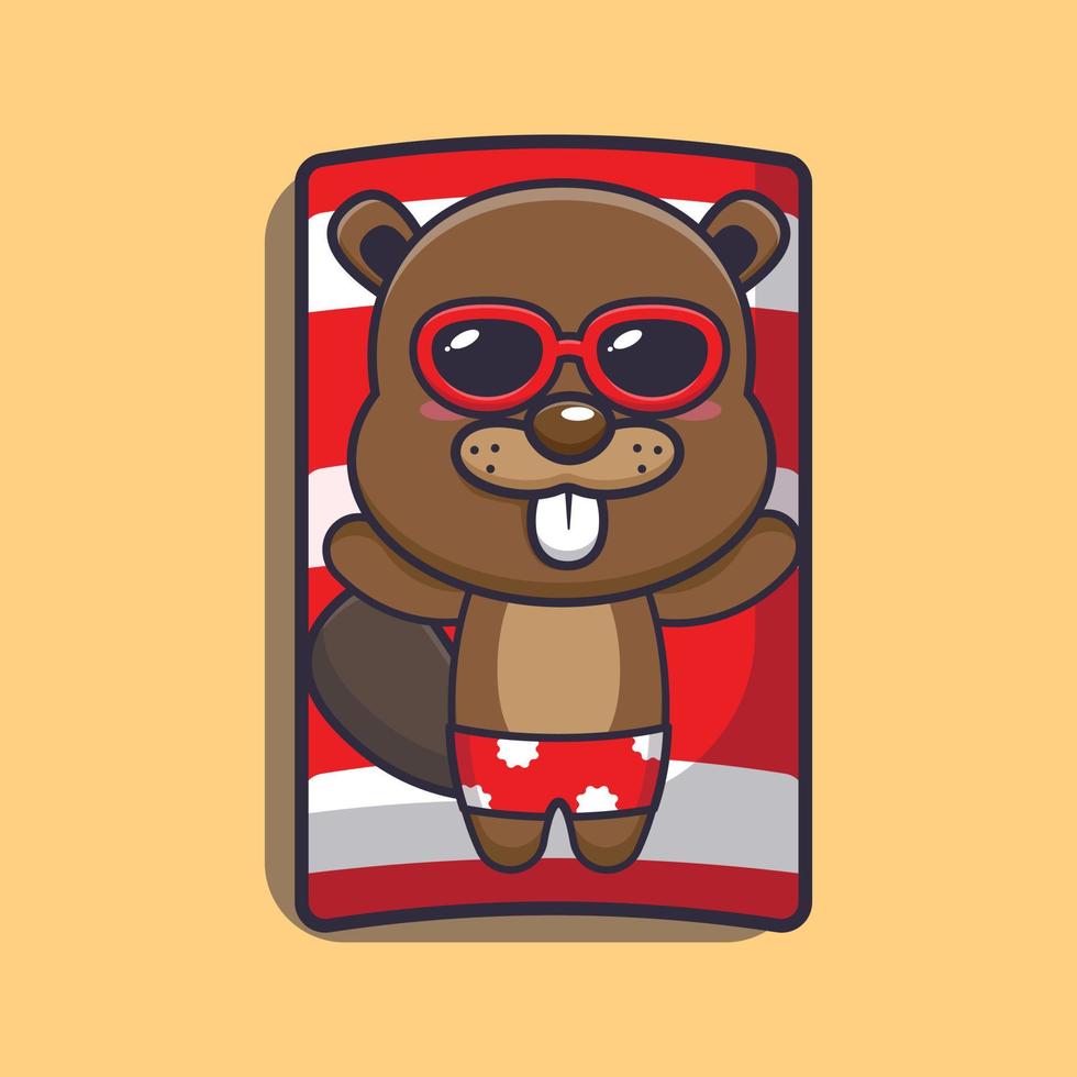 lindo personaje de mascota de dibujos animados de castor dormir en la playa vector