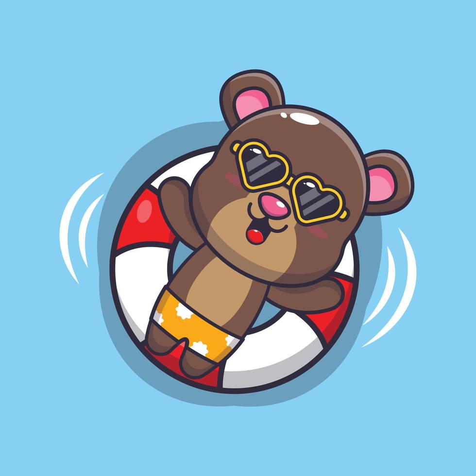 Lindo personaje de mascota de dibujos animados de oso nadar en la playa en boya vector