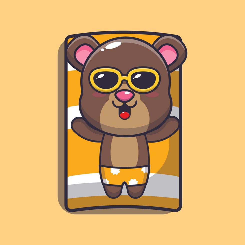 lindo oso mascota de dibujos animados dormir en la playa vector