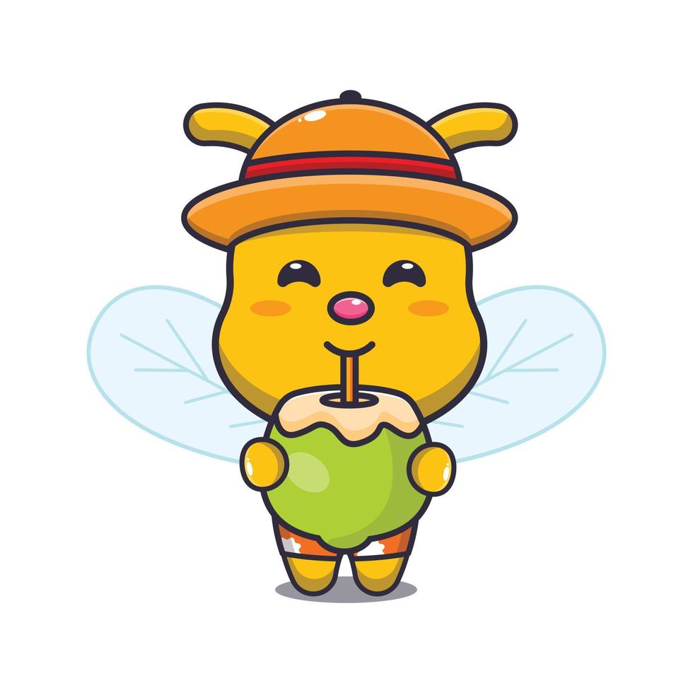 Cute bee cartoon mascot character drink coconut vector