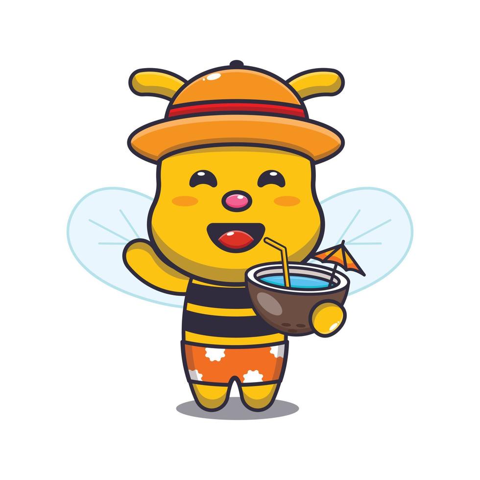 lindo personaje de mascota de dibujos animados de abeja bebida de coco fresco vector