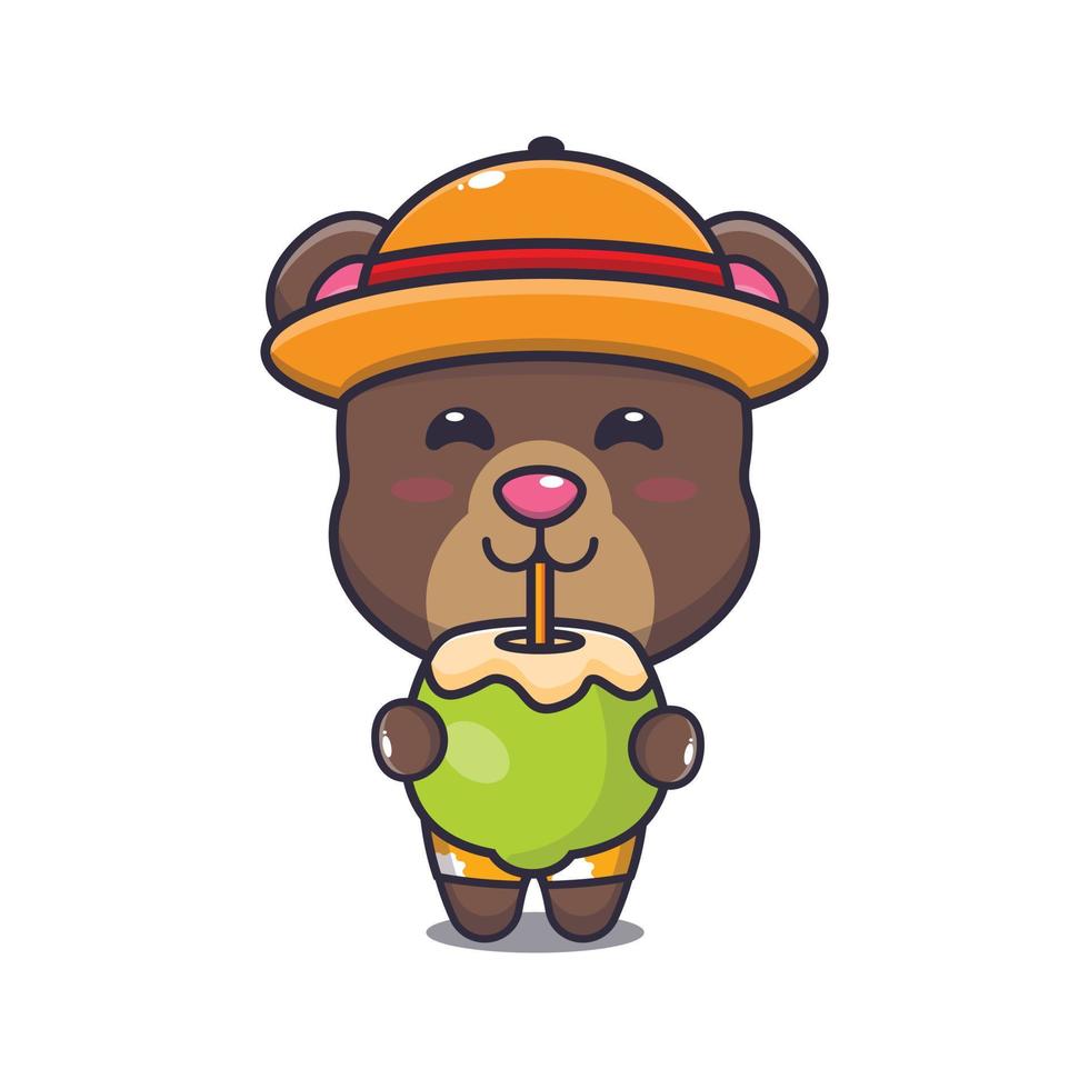 lindo oso mascota de dibujos animados personaje bebida coco vector