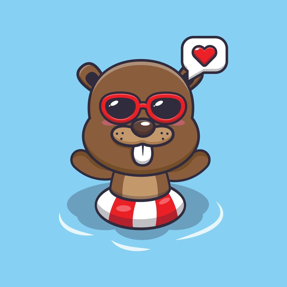 Cute beaver cartoon mascot character swimming on pool vector