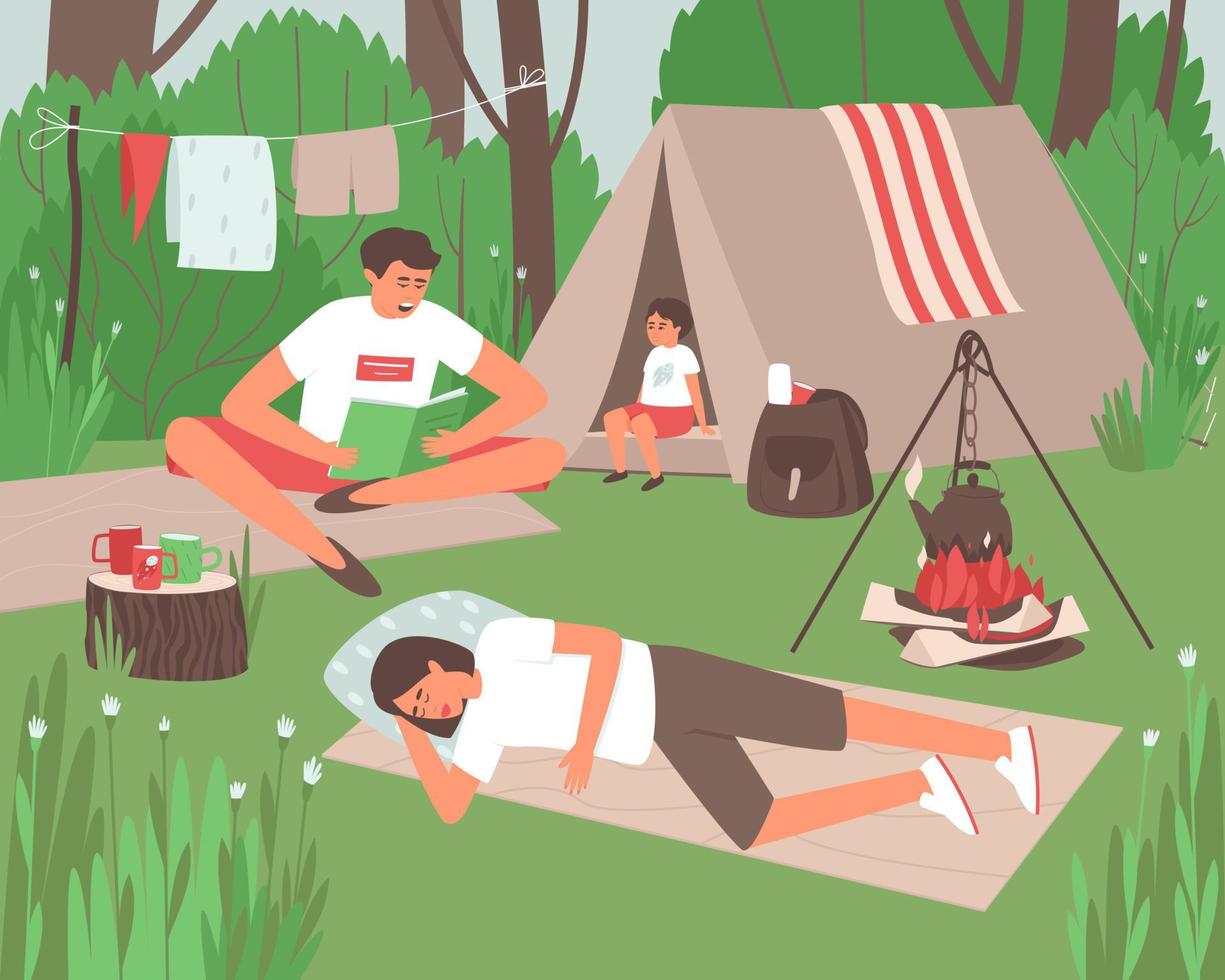 la familia descansa al aire libre en el bosque vector