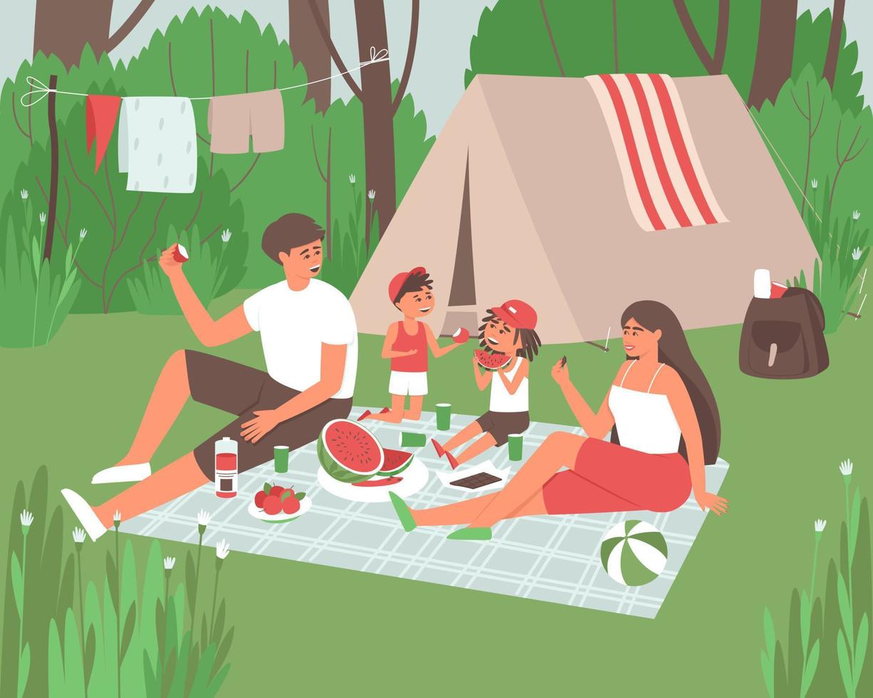 la familia descansa en el bosque en la naturaleza cerca de su tienda y come frutas vector