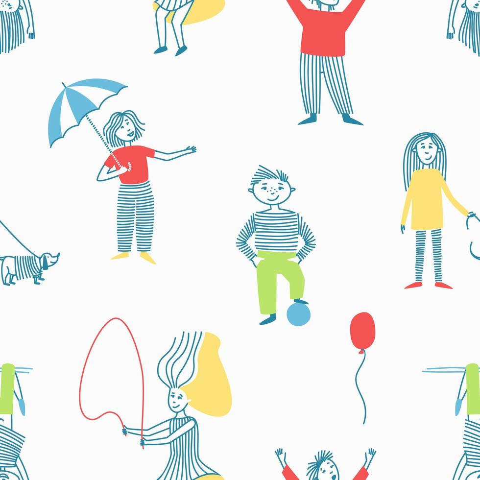 Seamless pattern of children, drawn with multicolored spot and line, doing different things vector