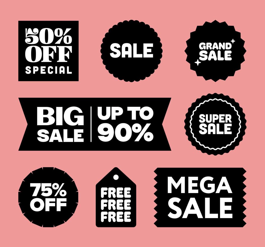 Black And White Promotional Sale Signs and Special Offers in Flat Design, Red Background, Vector Badges. Various Discount Designs, Cyber Monday, Black Friday, Seasonal Sale.