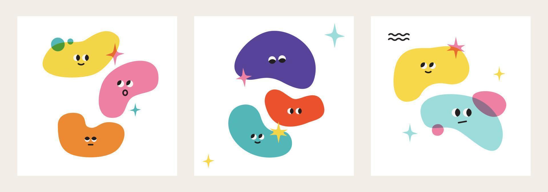 Colorful blobs with cute emotions vector collection, set of square design template. Emotion and cartoon faces on color blotches, isolated background.