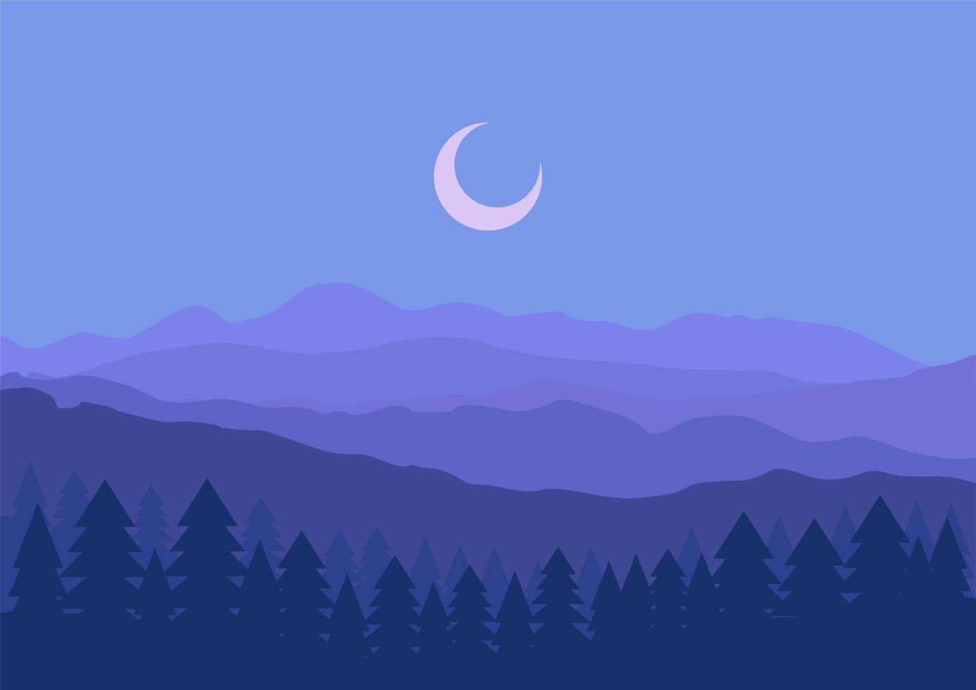 diseño plano de montañas y colinas en la noche paisaje vector