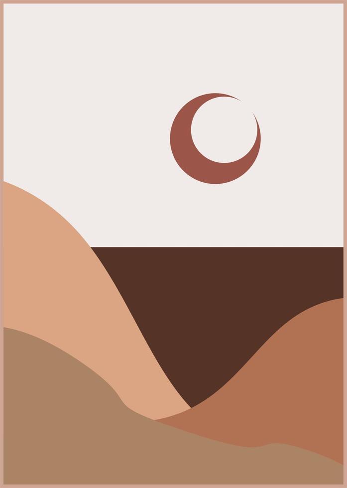 mountain boho flat design. Abstract contemporary aesthetic backgrounds landscapes set with sunrise, sunset, night. Earth tones, pastel colors. Boho wall decor. Mid century modern minimalist art print. vector