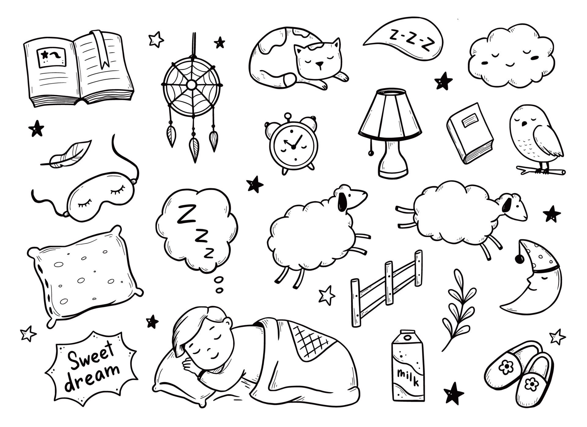 Sleep, relax time, dream night doodle set 8034391 Vector Art at Vecteezy
