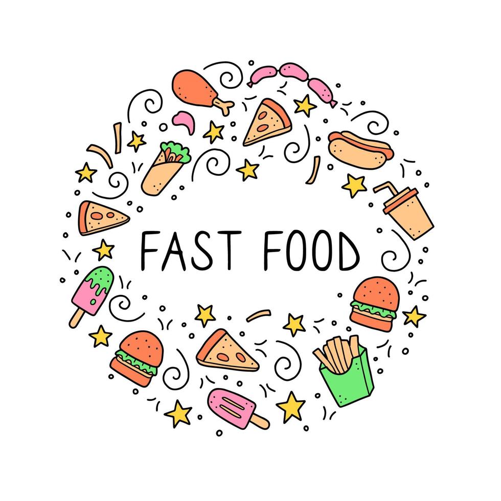 Set of hand drawn fast food doodle. Vector illustration.