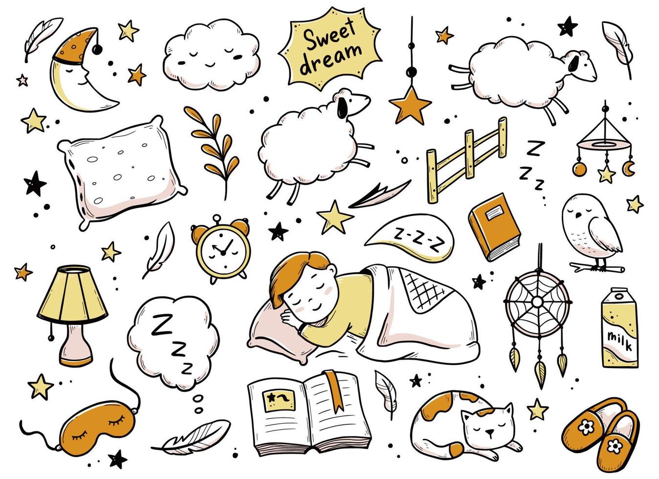 Sleep, relax time, dream night doodle set vector