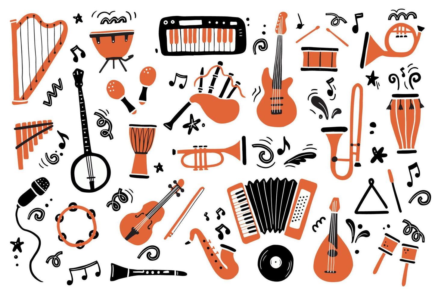 conjunto dibujado a mano de diferentes tipos de instrumentos musicales vector