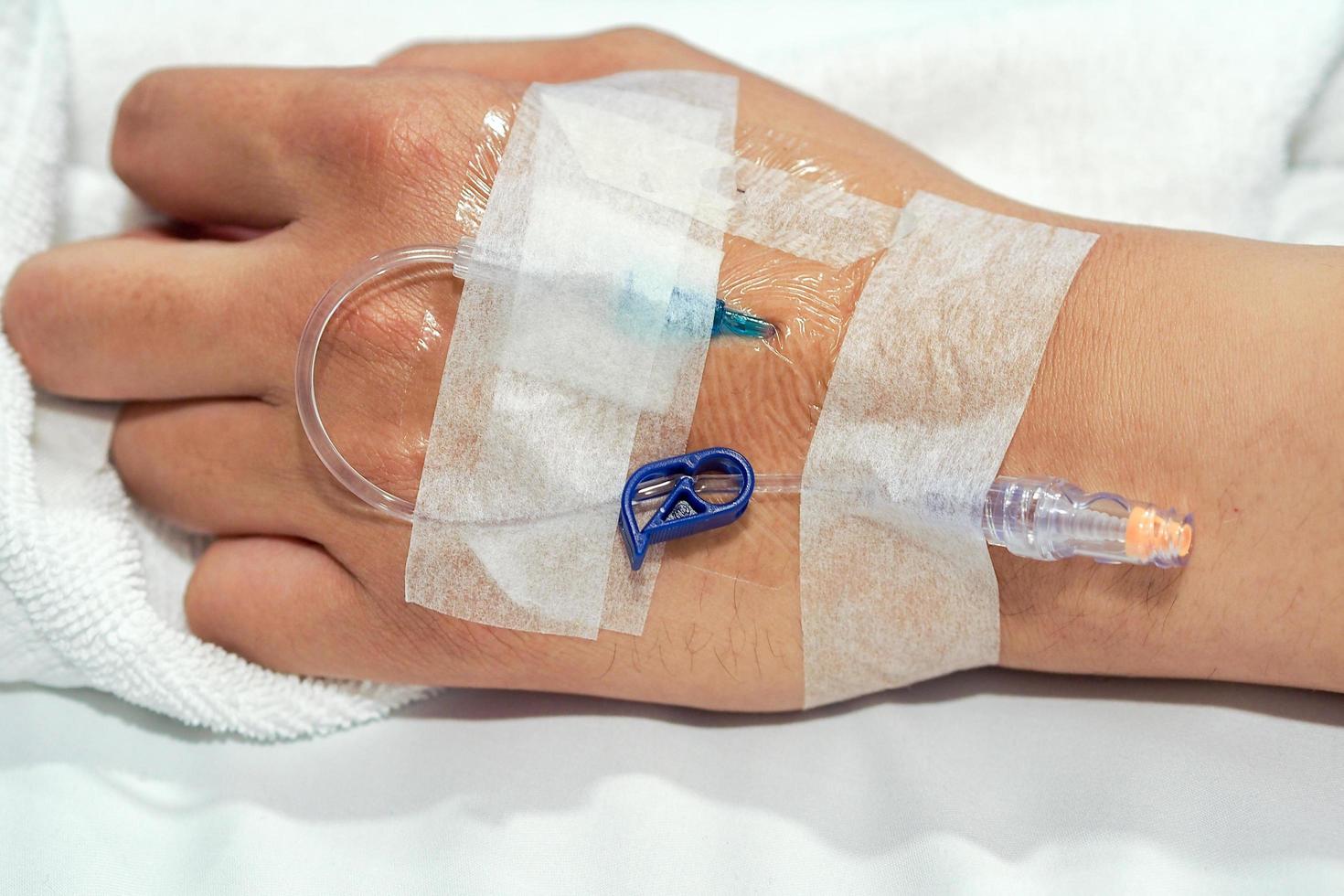 Close up the hand of a patient in hospital ward. photo