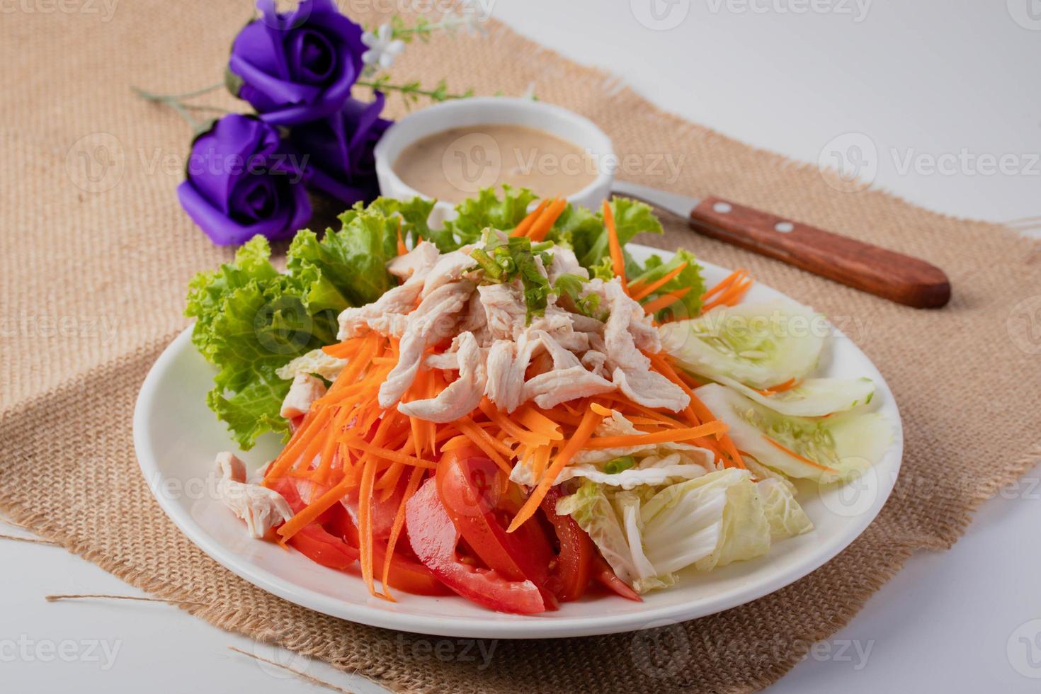 Vegetable Salad with Chicken Out and Sesame Dressing. Clean Food photo