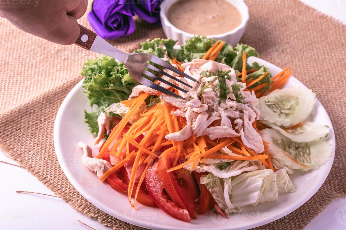 Vegetable Salad with Chicken Out and Sesame Dressing. Clean Food photo