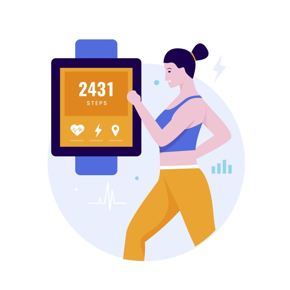 Flat design of women runner uses smartwatch vector