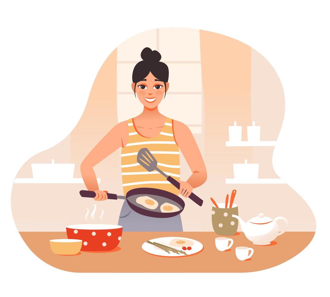 Kitchen cooking. A young girl cooks scrambled eggs for breakfast. A woman in the kitchen. Flat vector illustration