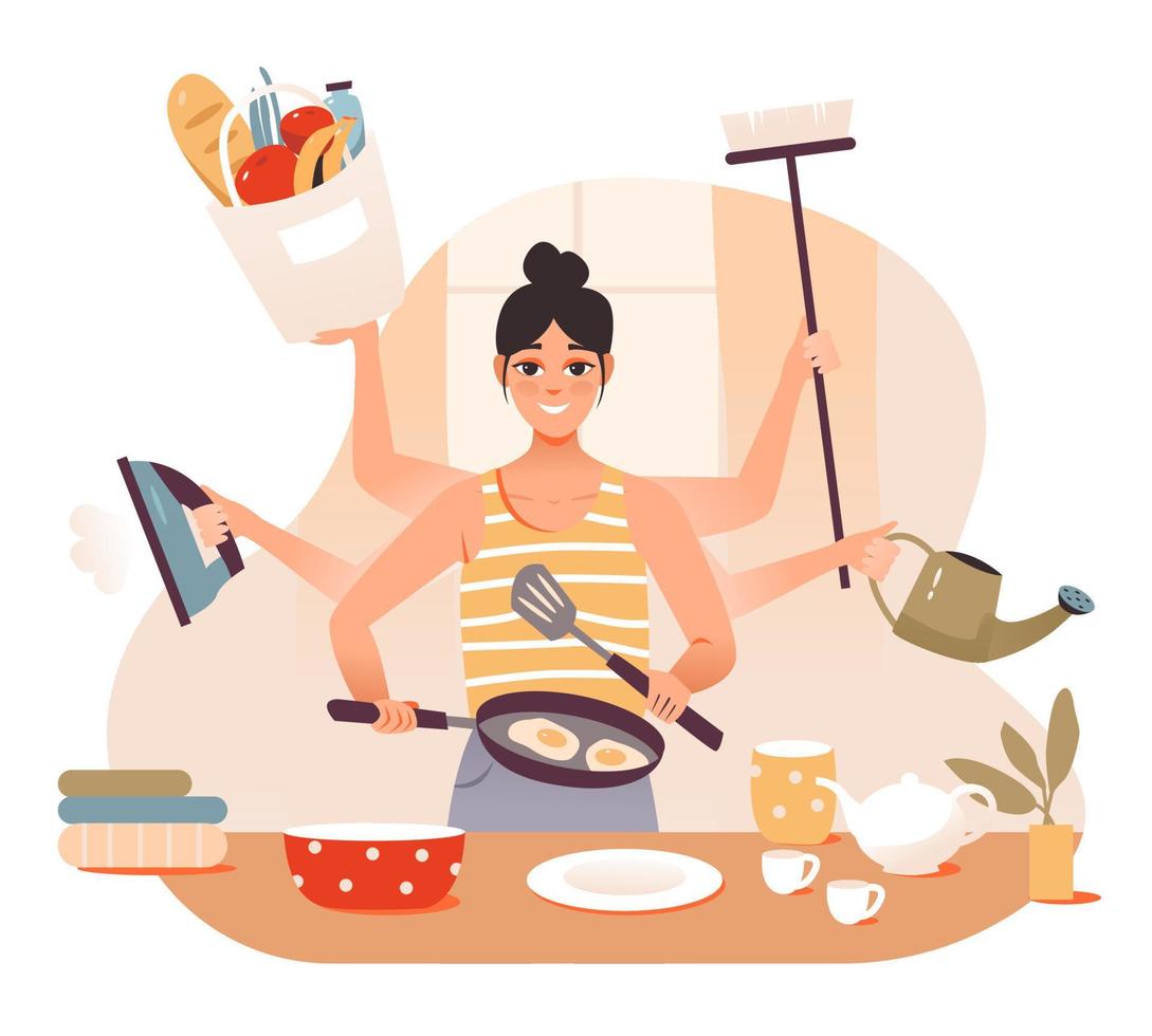 multitarea, productividad personal. ama de casa multitarea, ocupada limpiando y cocinando. una chica ocupada que tiene muchas manos para hacer múltiples tareas al mismo tiempo. ilustración vectorial plana vector