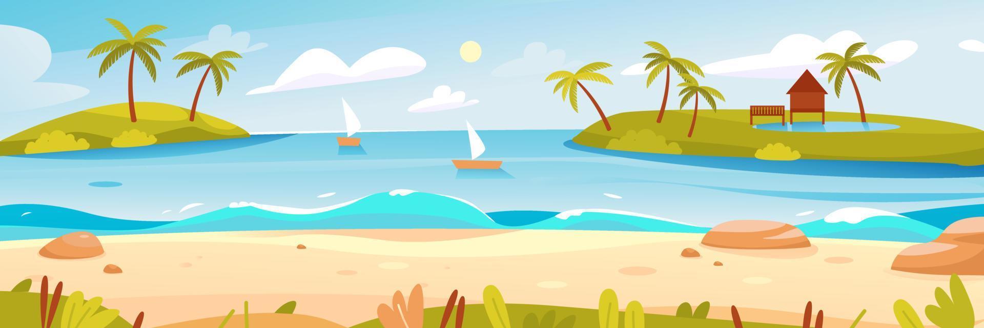 Summer beach with palm trees on the seashore. Beautiful seascape. Banner for summer holidays. The sea horizon with islands and boats. Cartoon vector illustration