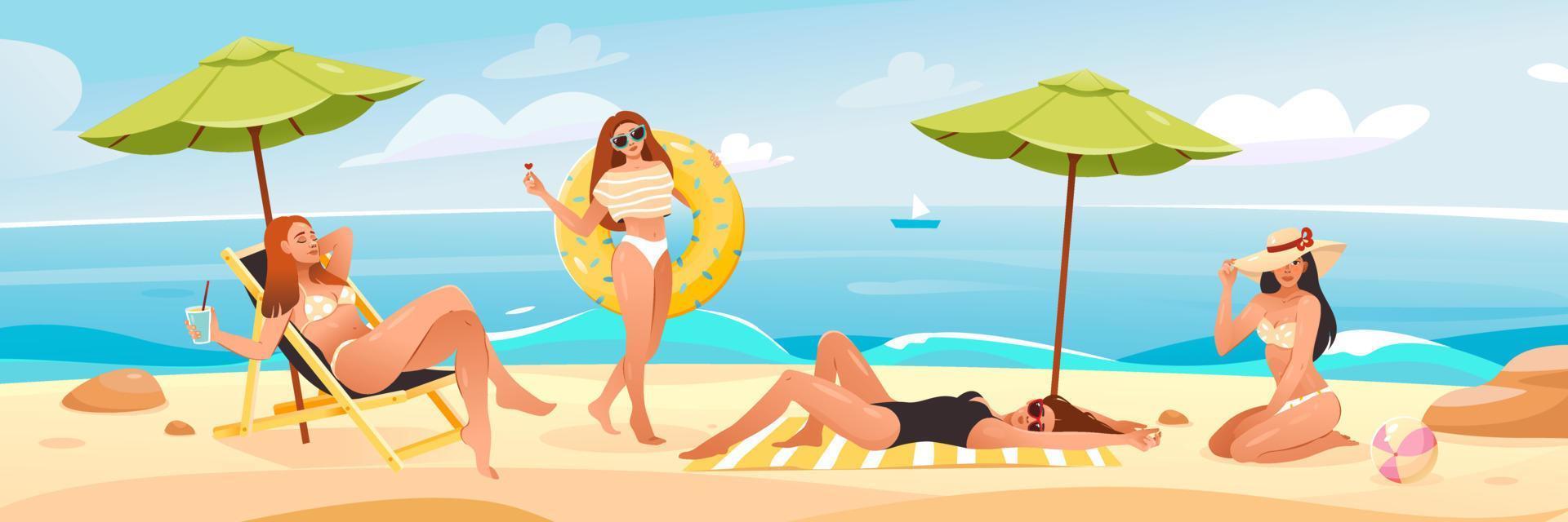 A group of girls are relaxing on the beach, sunbathing and strolling by the ocean. Cartoon characters stand out on a white background vector