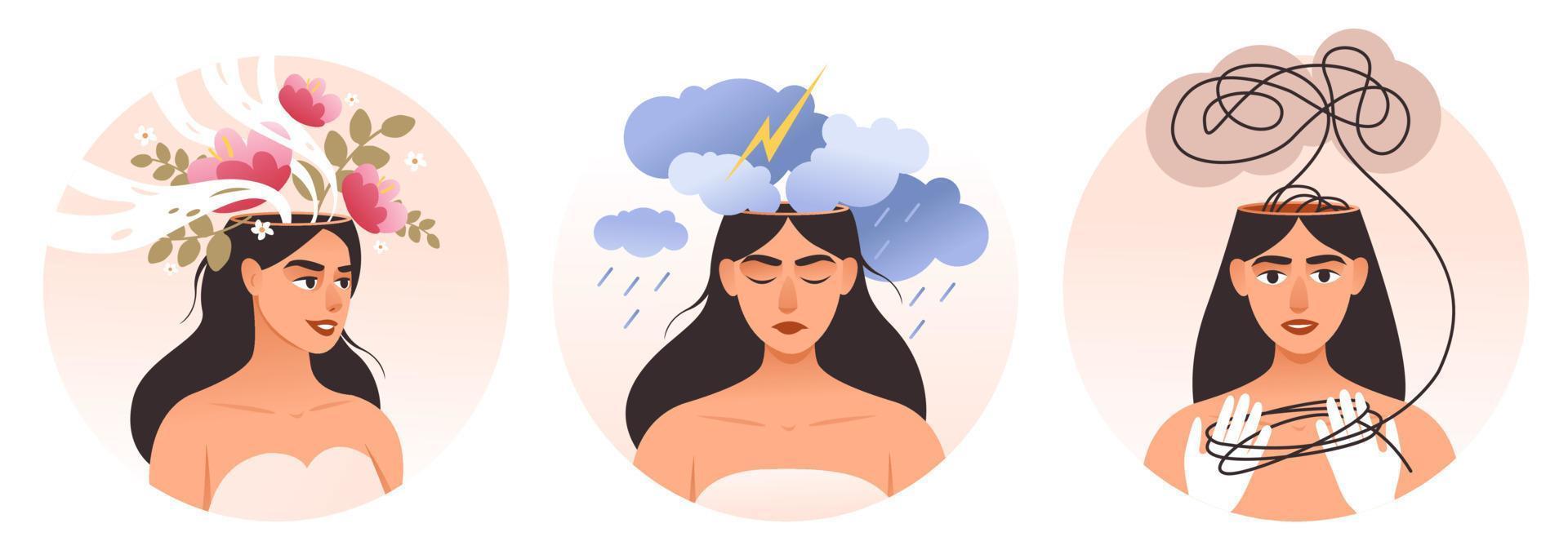 Mental health of a woman. Positive thinking, self-care. A woman with a different mood. Flat vector illustration