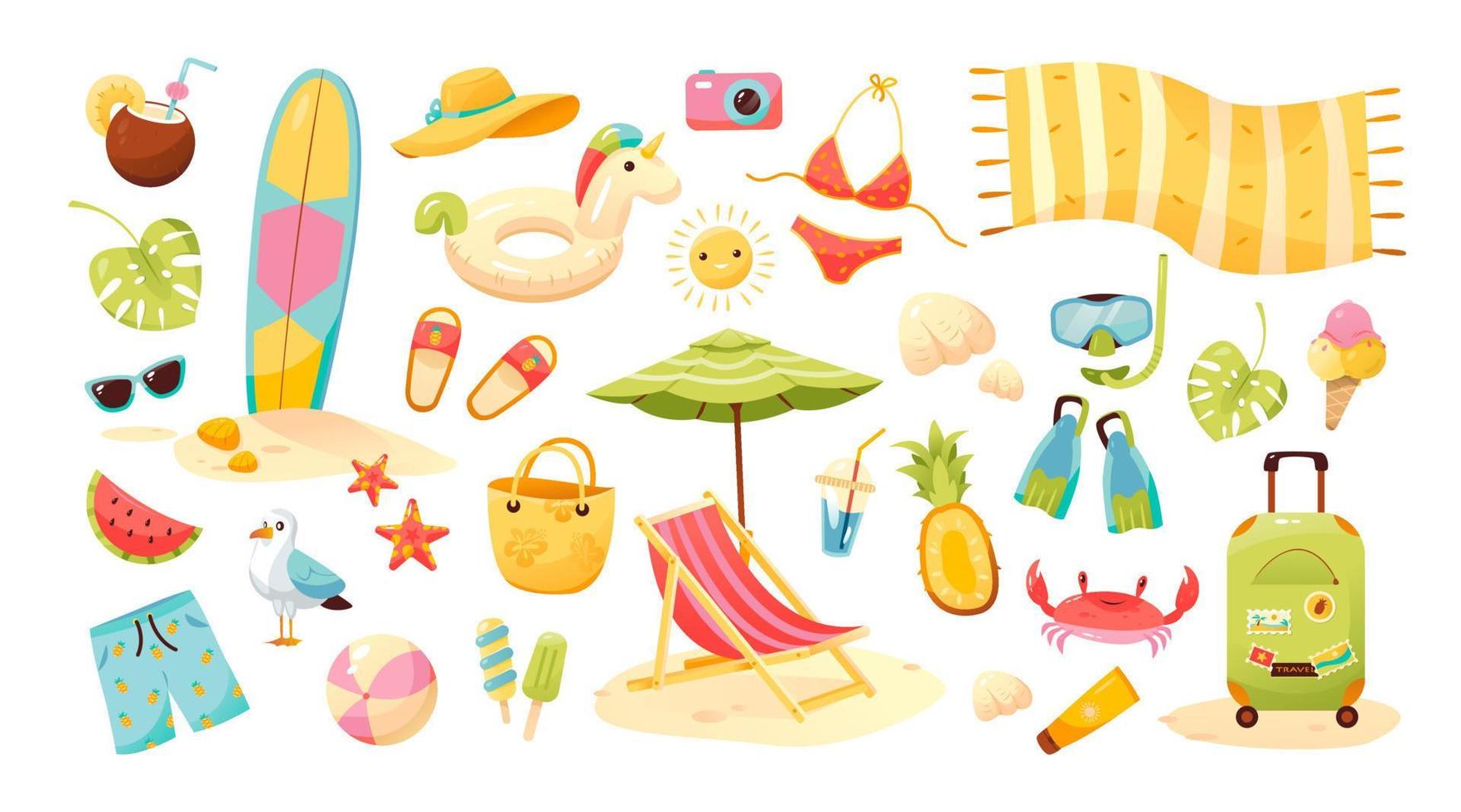 gran conjunto de verano. conjunto de elementos lindos de verano, traje de baño, gafas de sol, tumbona con sombrilla, círculo de natación, sombrero, estrella de mar, fruta, helado, aletas y máscara, tabla de surf. ilustración vectorial de dibujos animados vector