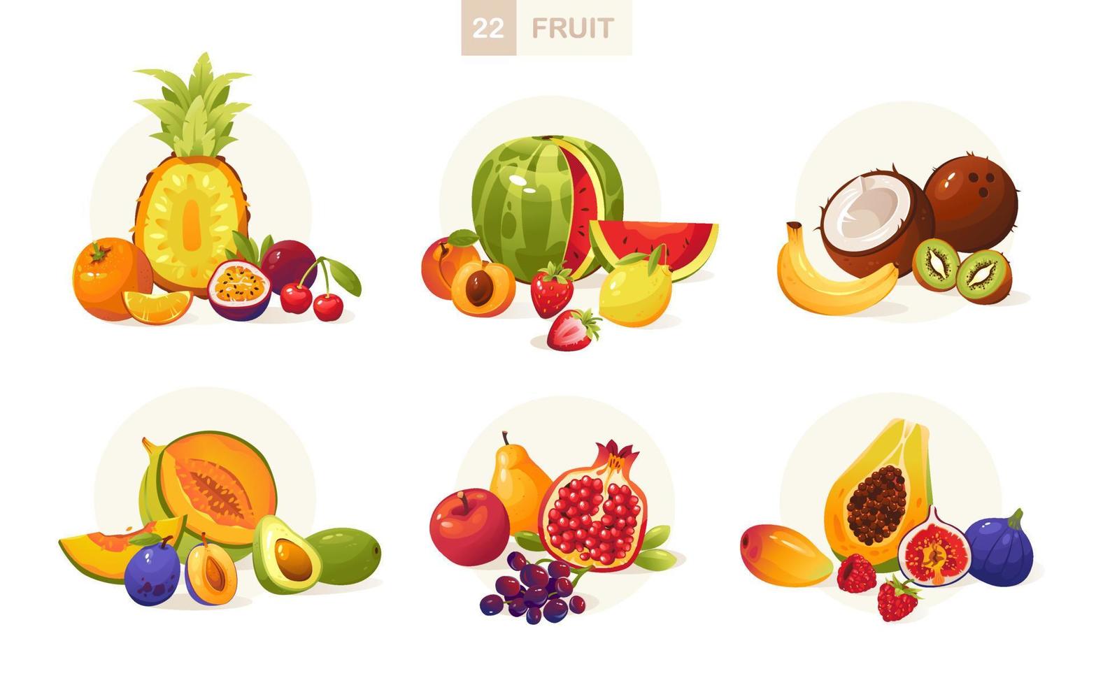 frutas y bayas ilustración vectorial en estilo de dibujos animados. jugosas frutas de verano.gran conjunto de frutas vector