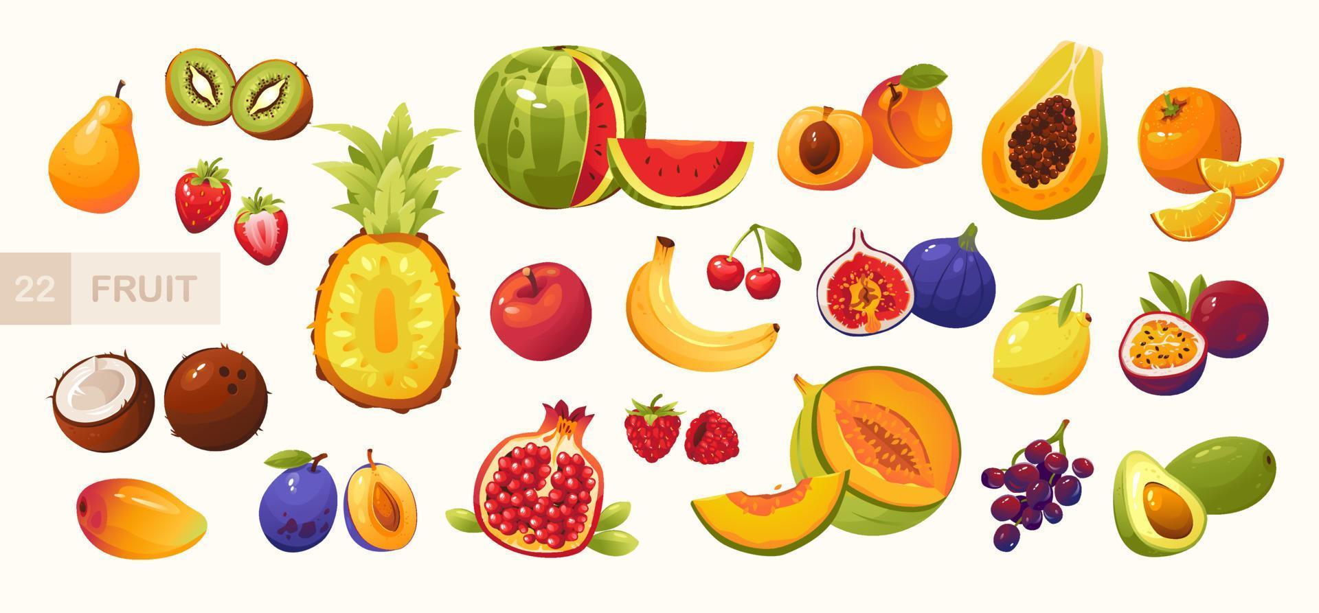 frutas y bayas ilustración vectorial en estilo de dibujos animados. jugosas  frutas de  conjunto de frutas 8038386 Vector en Vecteezy