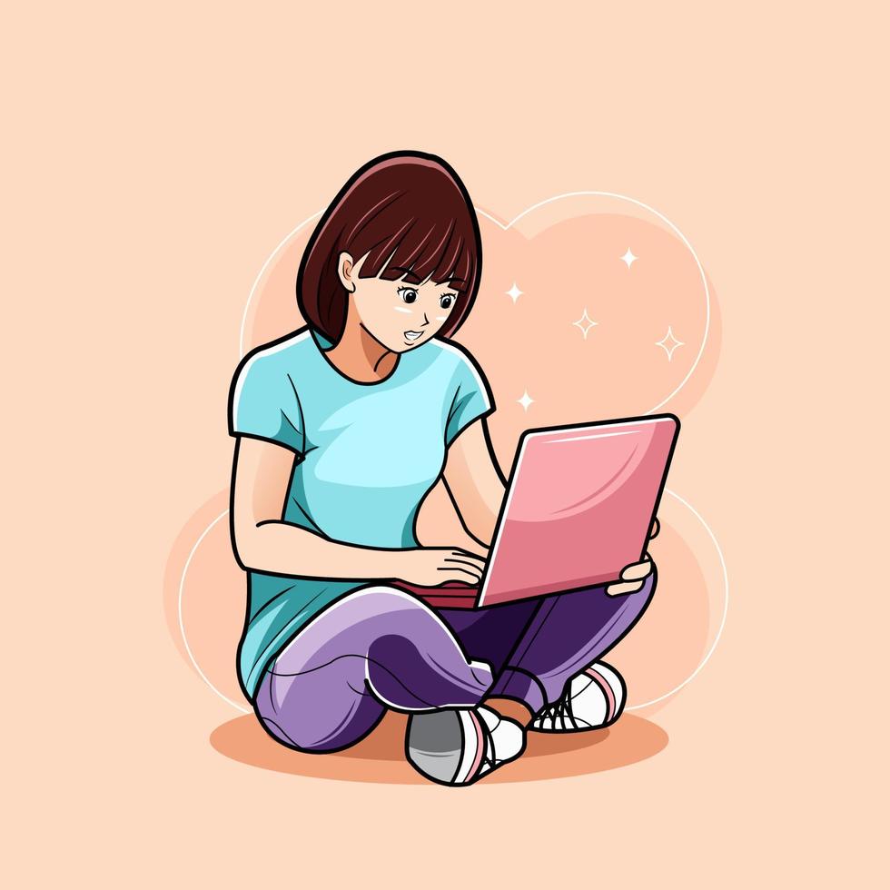 Surprised young girl looking at something on laptop vector illustration pro download