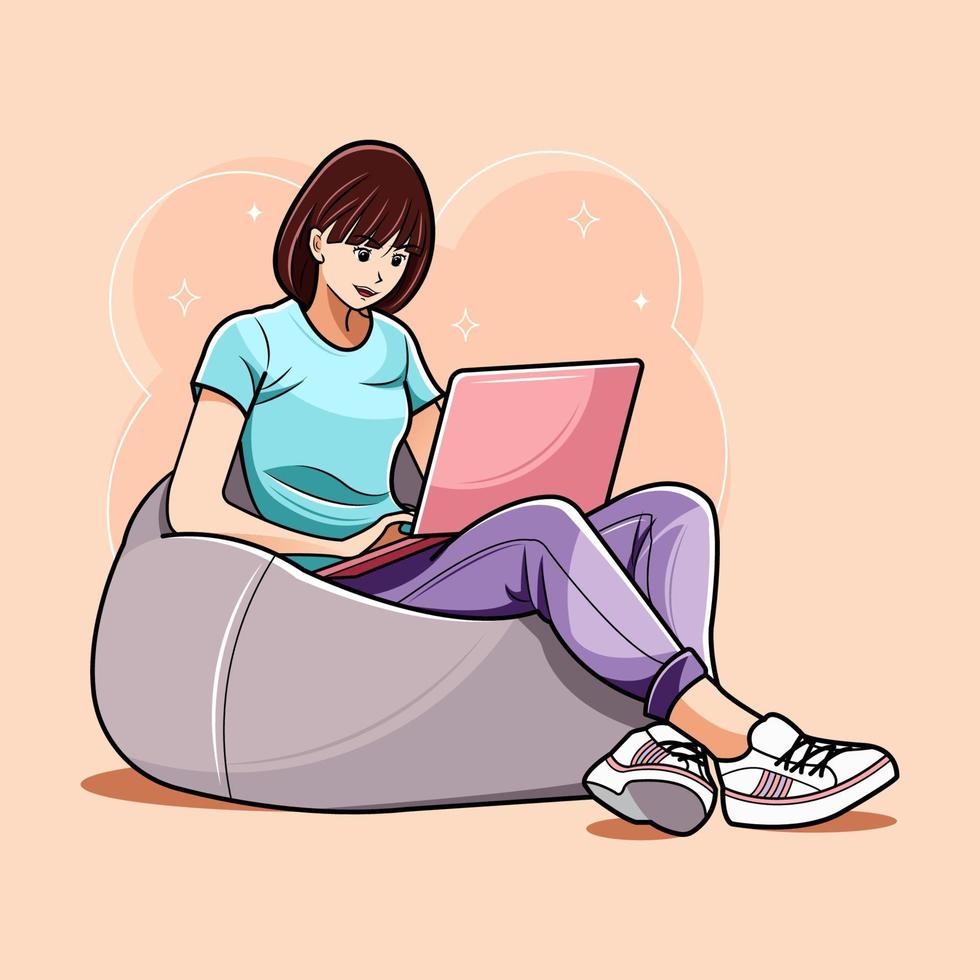 Happy young girl sitting on the floor using laptop vector illustration pro download