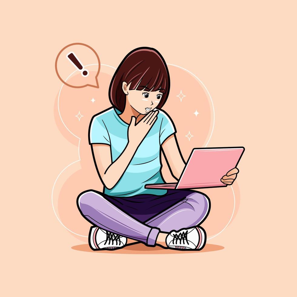 Surprised young girl looking at something on laptop vector illustration pro download