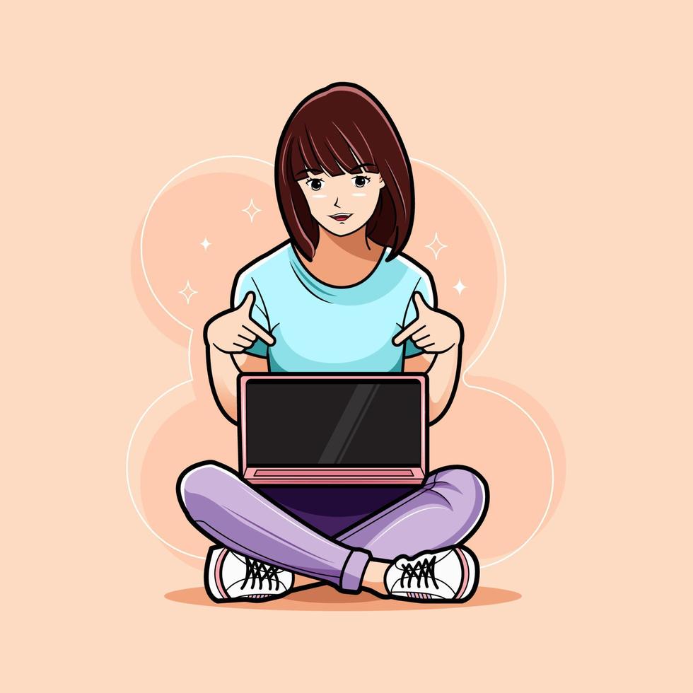 chica joven con su dedo apuntando ilustración vectorial pro descargar vector