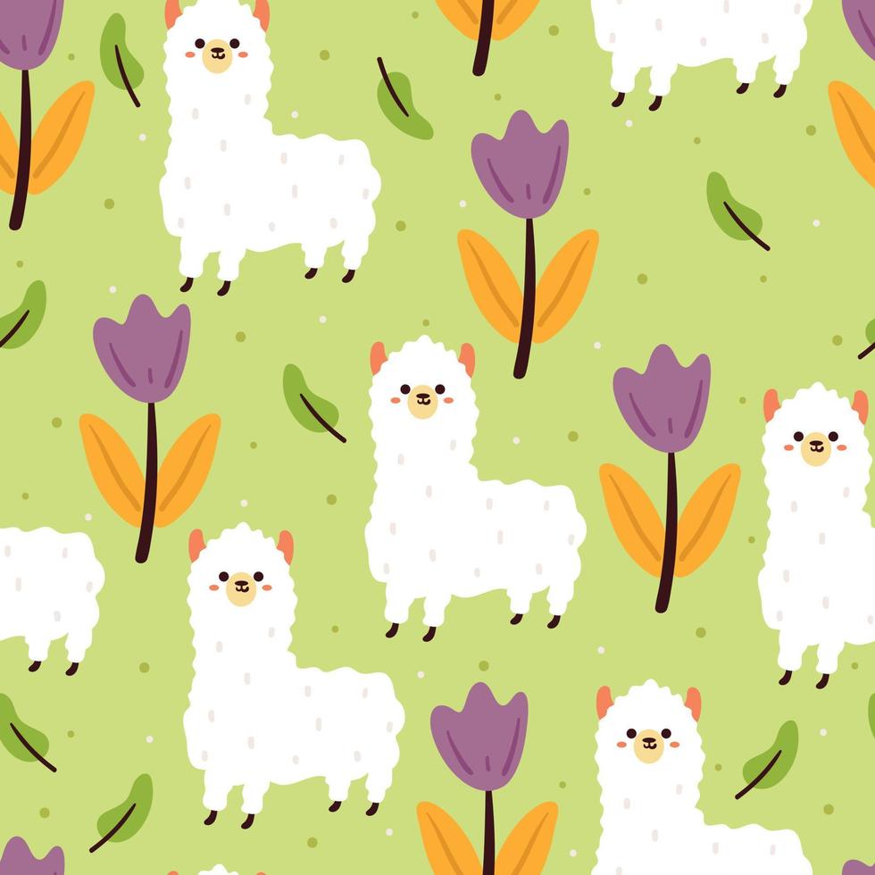 seamless pattern hand drawing cartoon llama and flower vector