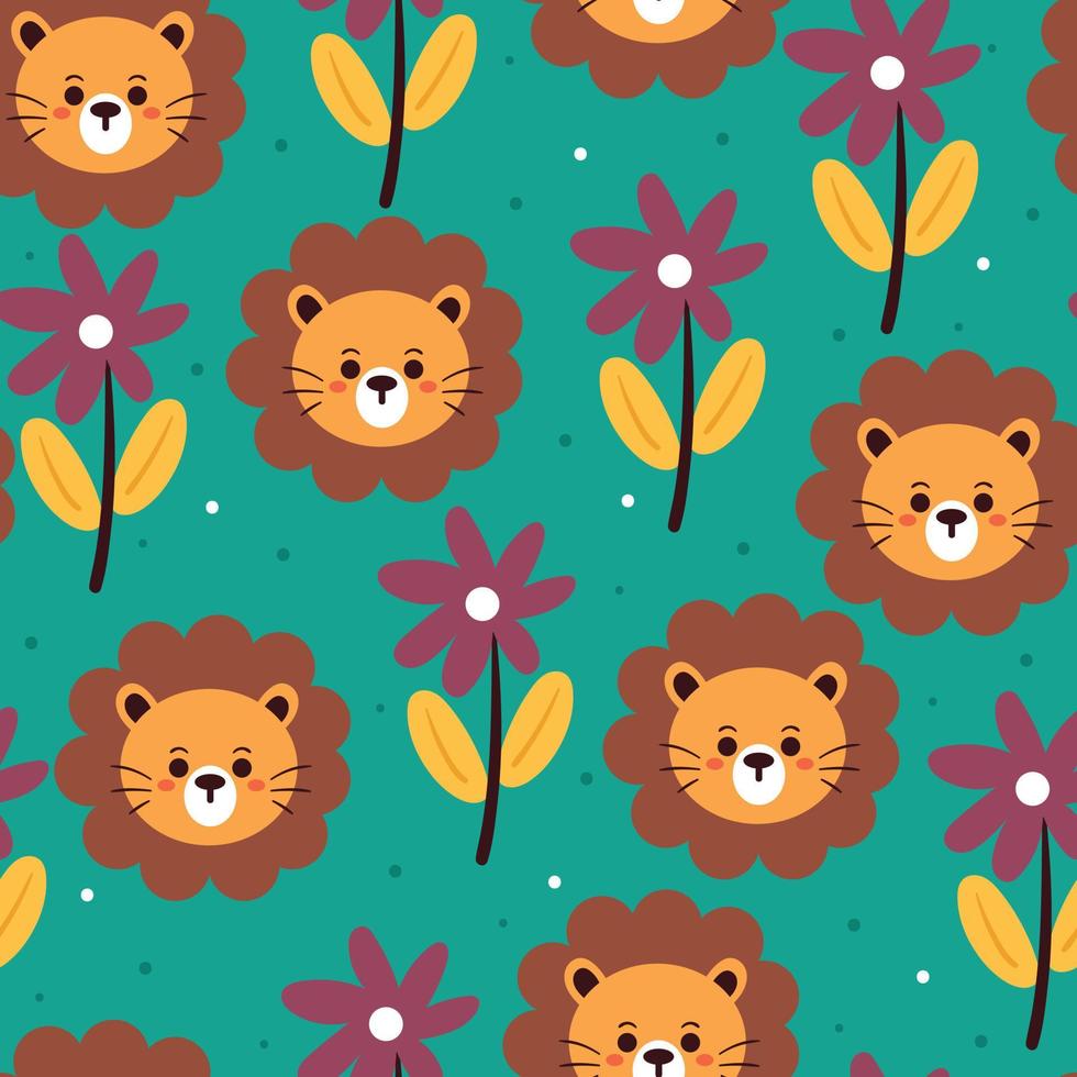 seamless pattern hand drawing cartoon lion and plant vector